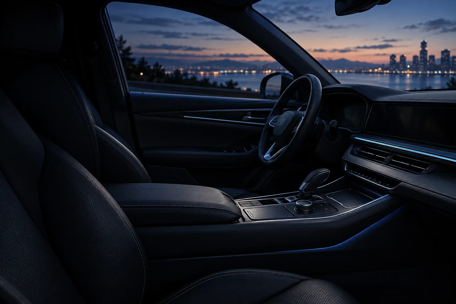 A refined car interior at blue hour